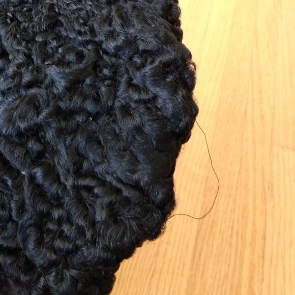 Vintage Curly Lamb Fur Hat Black Winter Garrison Cap XS - Picture 9 of 14